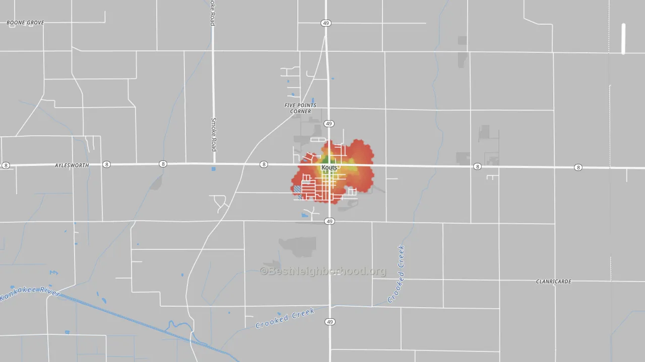Walk Grade map of 46347, IN, walkable areas in green and car-dependent areas in red