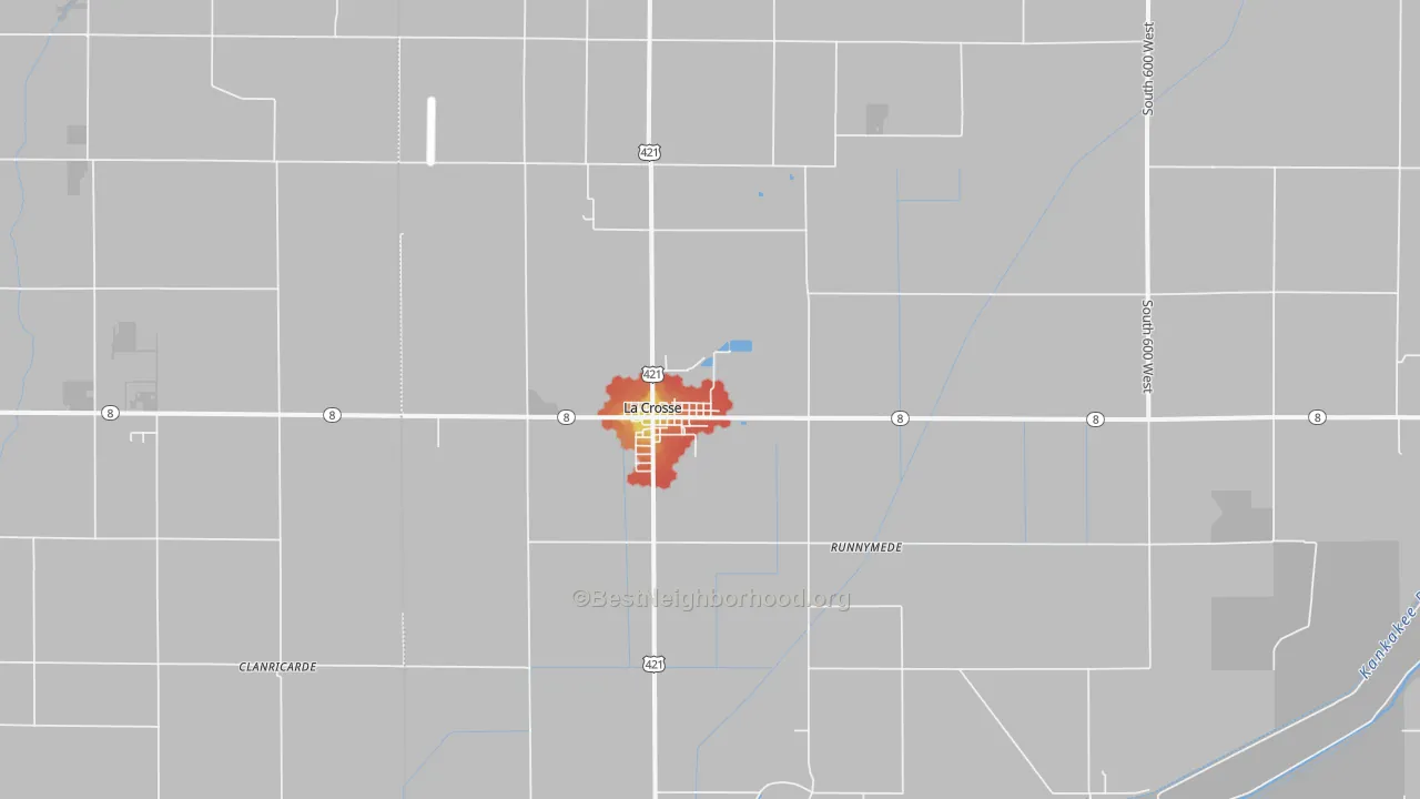 Walk Grade map of 46348, IN, walkable areas in green and car-dependent areas in red
