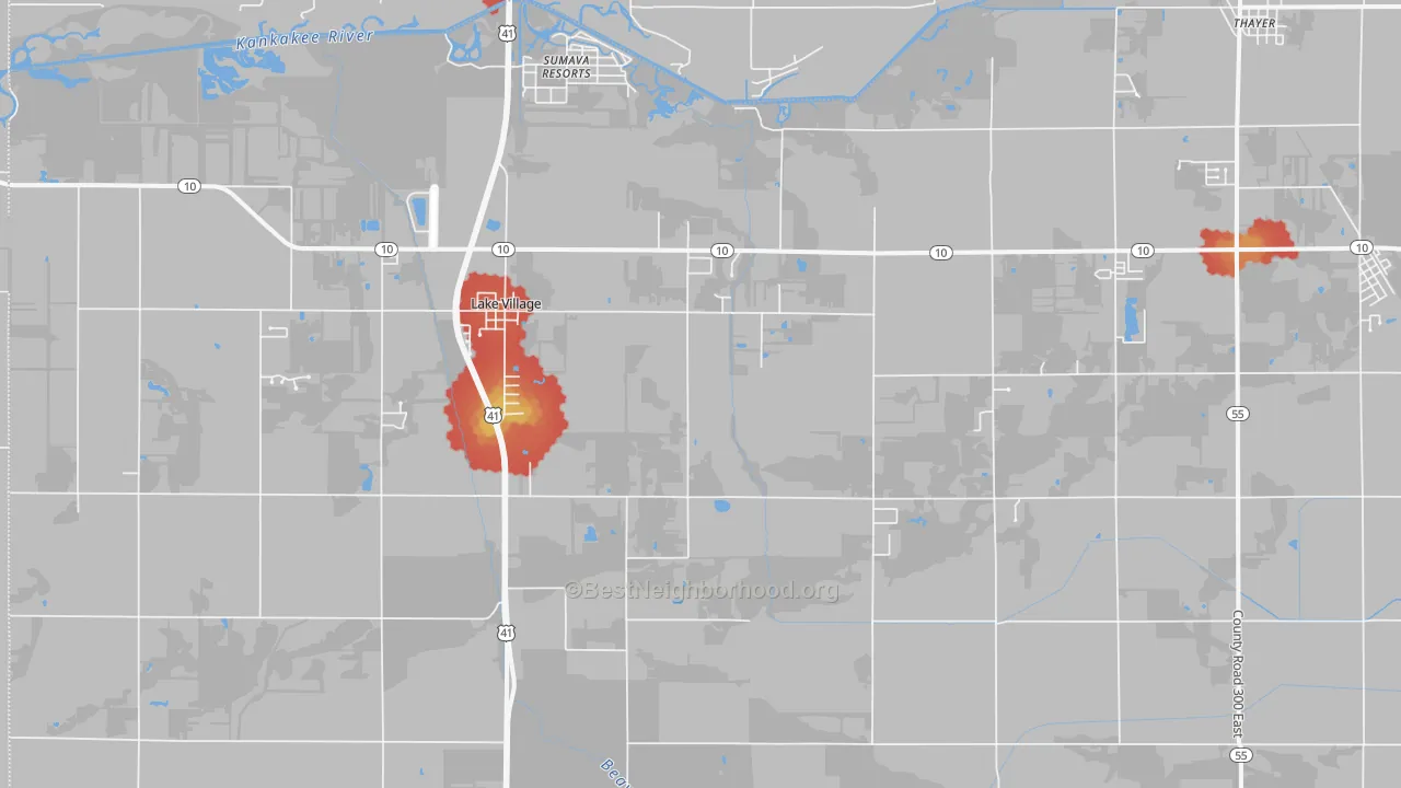 Walk Grade map of 46349, IN, walkable areas in green and car-dependent areas in red
