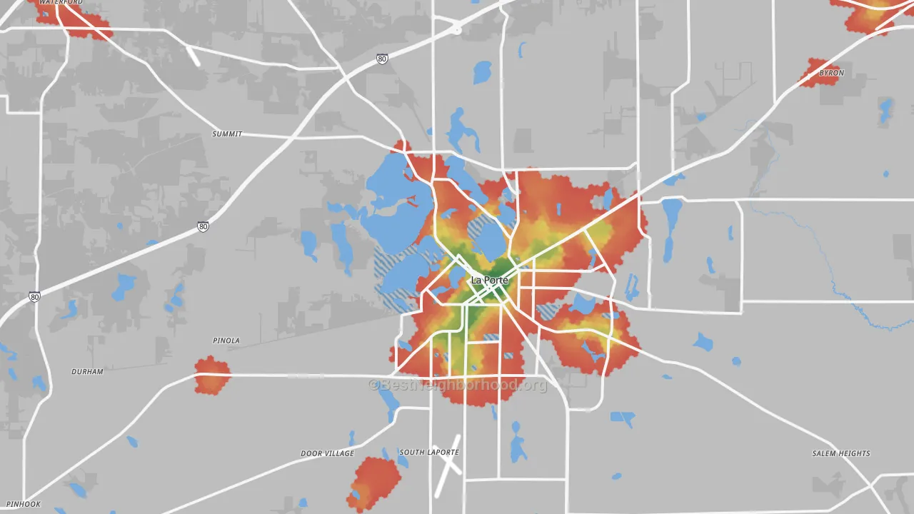 Walk Grade map of 46350, IN, walkable areas in green and car-dependent areas in red