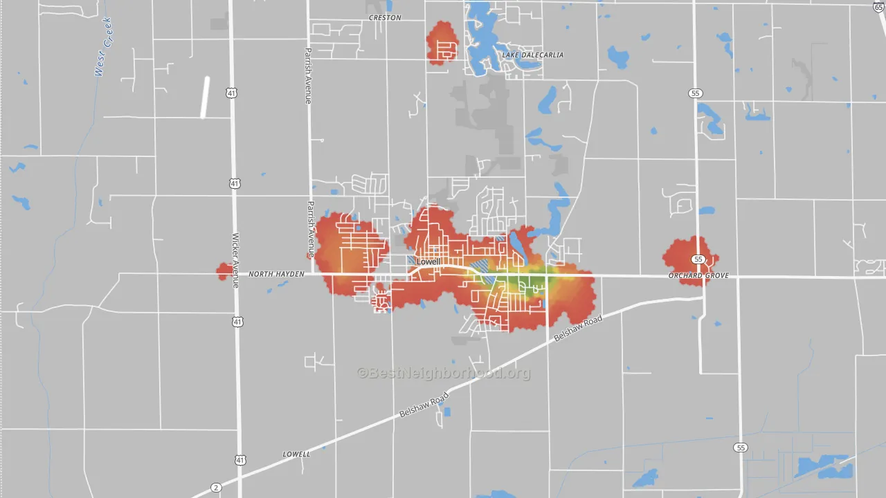 Walk Grade map of 46356, IN, walkable areas in green and car-dependent areas in red