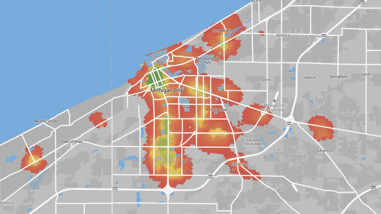 Walk Grade map of 46360, IN, walkable areas in green and car-dependent areas in red