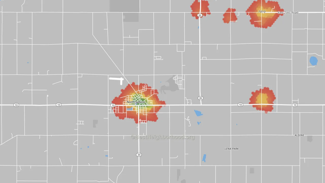 Walk Grade map of 46366, IN, walkable areas in green and car-dependent areas in red