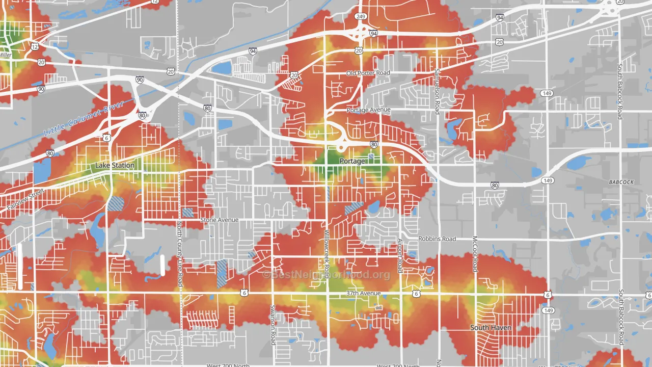Walk Grade map of 46368, IN, walkable areas in green and car-dependent areas in red