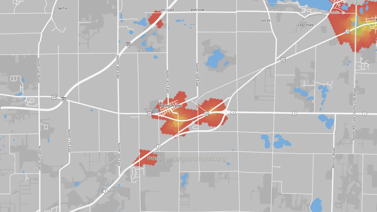 Walk Grade map of 46371, IN, walkable areas in green and car-dependent areas in red