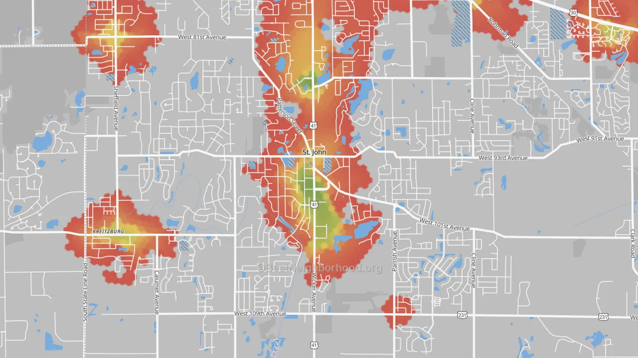 Walk Grade map of 46373, IN, walkable areas in green and car-dependent areas in red