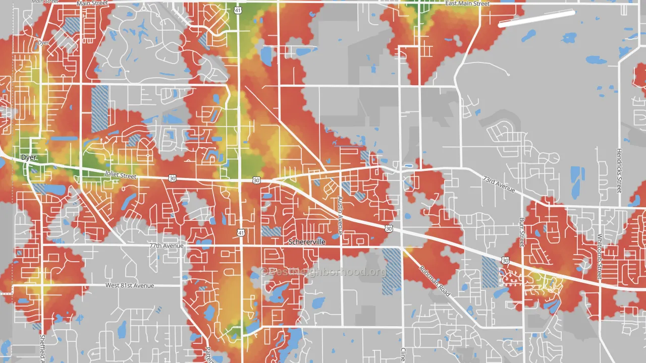Walk Grade map of 46375, IN, walkable areas in green and car-dependent areas in red