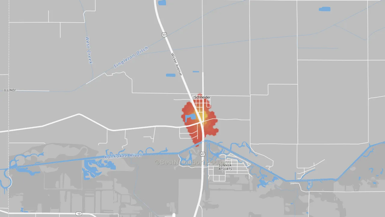 Walk Grade map of 46376, IN, walkable areas in green and car-dependent areas in red