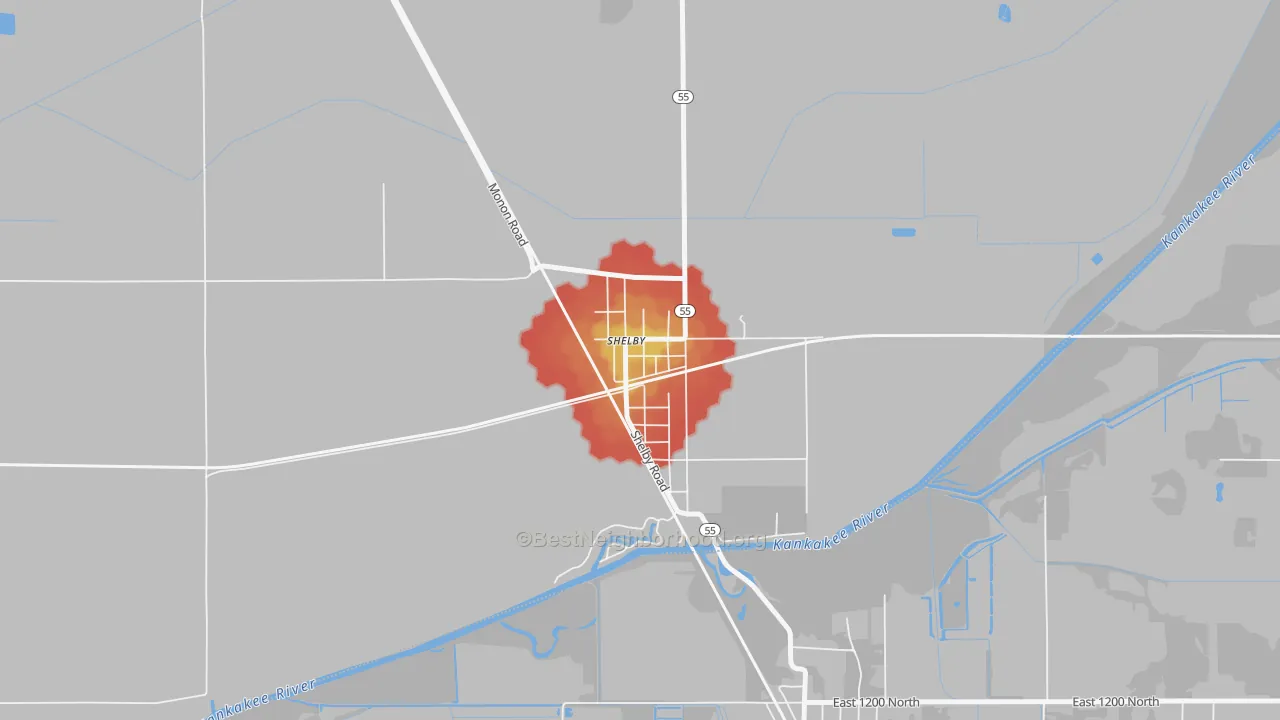 Walk Grade map of 46377, IN, walkable areas in green and car-dependent areas in red