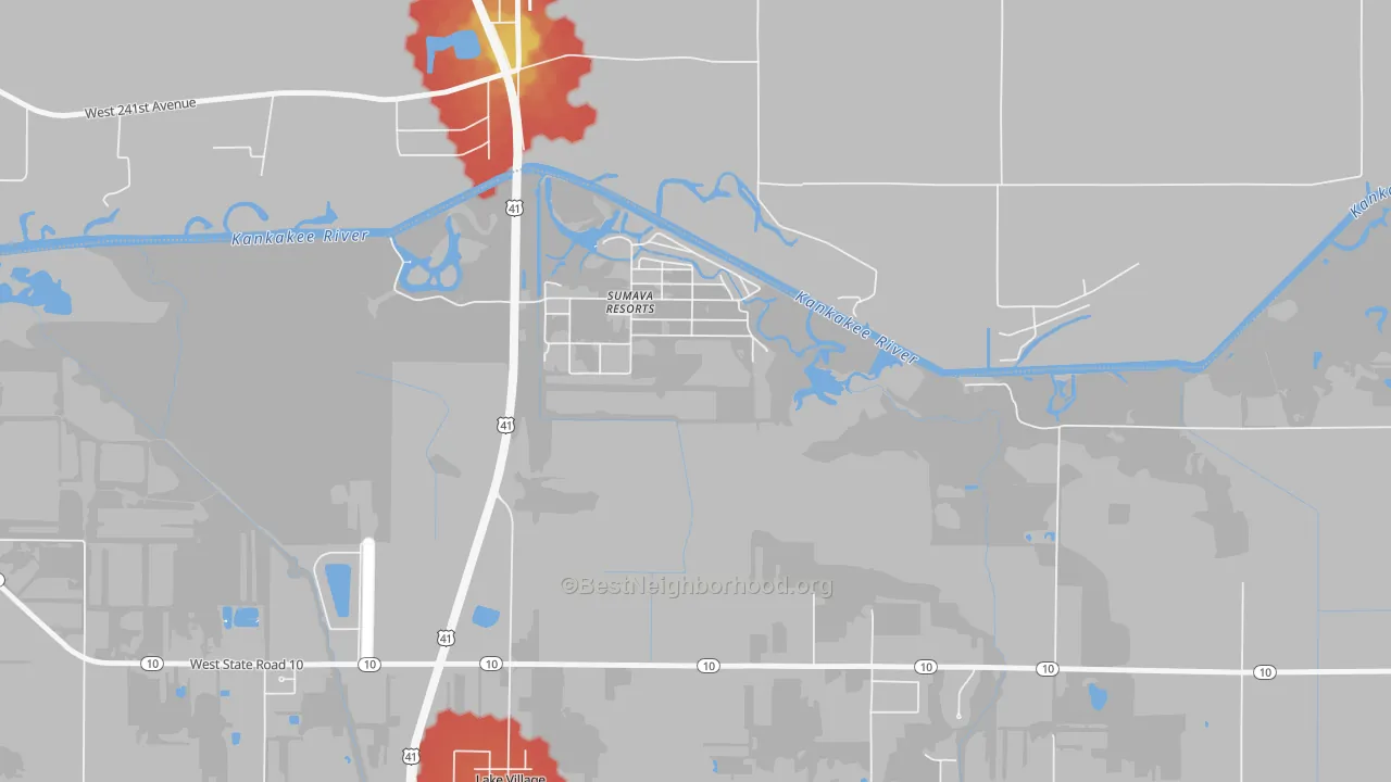Walk Grade map of 46379, IN, walkable areas in green and car-dependent areas in red