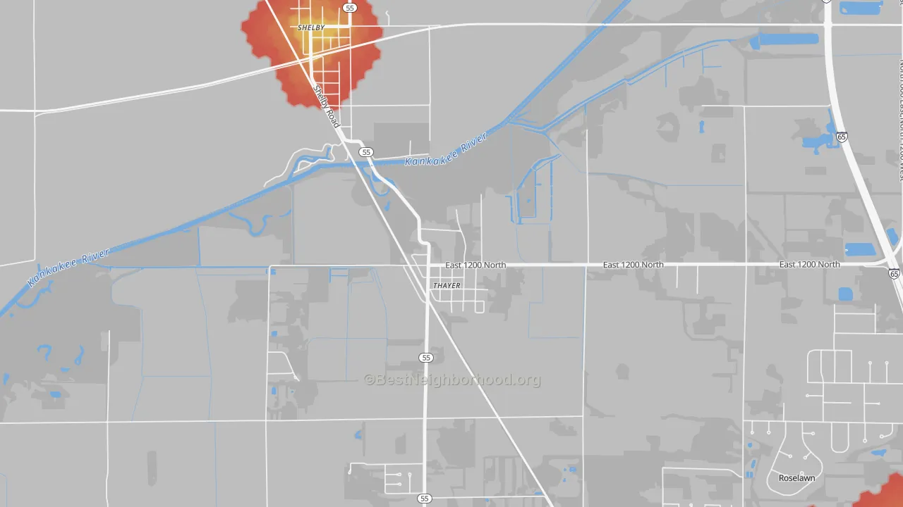 Walk Grade map of 46381, IN, walkable areas in green and car-dependent areas in red