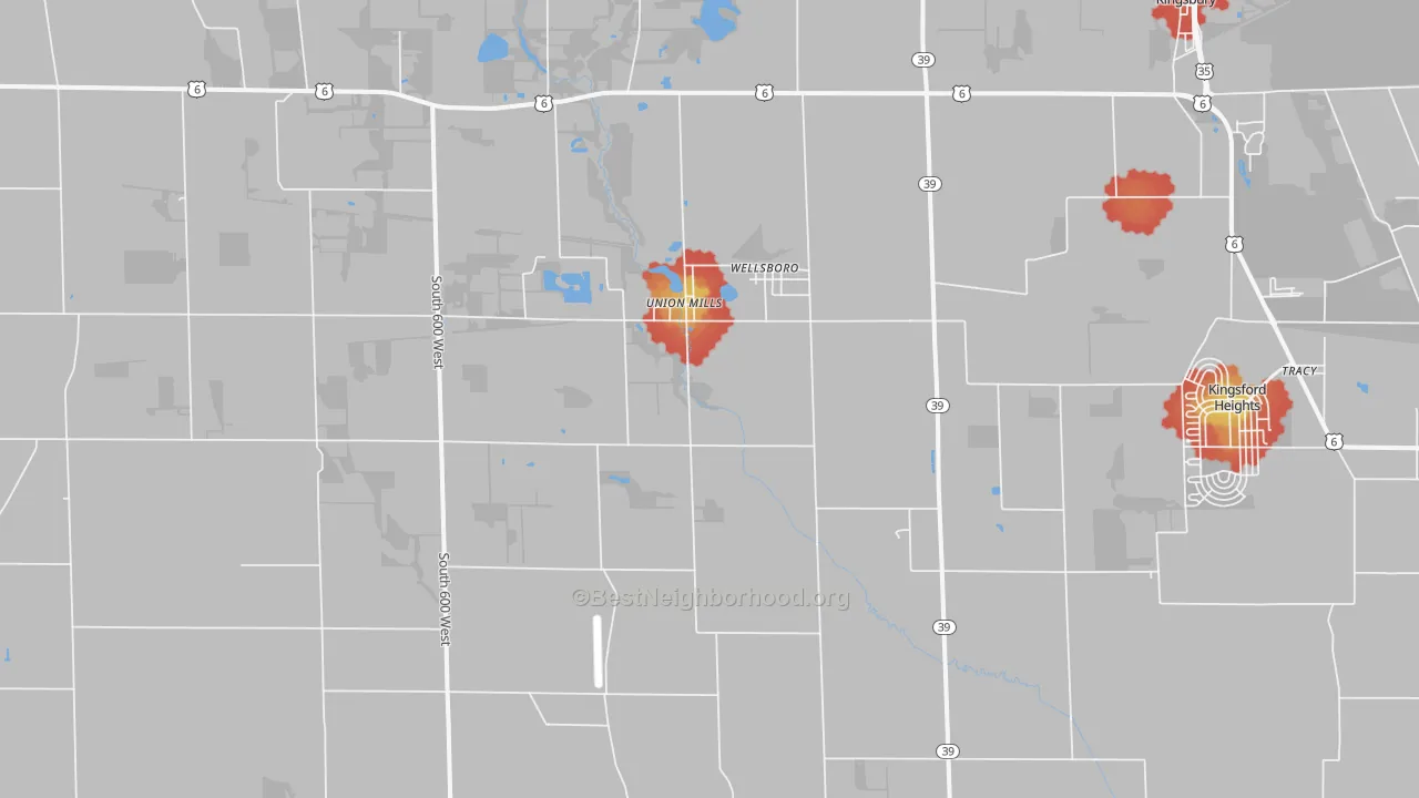 Walk Grade map of 46382, IN, walkable areas in green and car-dependent areas in red