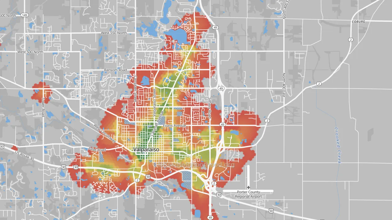Walk Grade map of 46383, IN, walkable areas in green and car-dependent areas in red