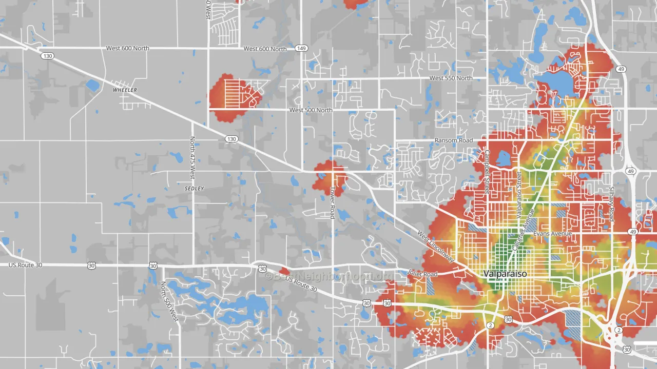 Walk Grade map of 46385, IN, walkable areas in green and car-dependent areas in red