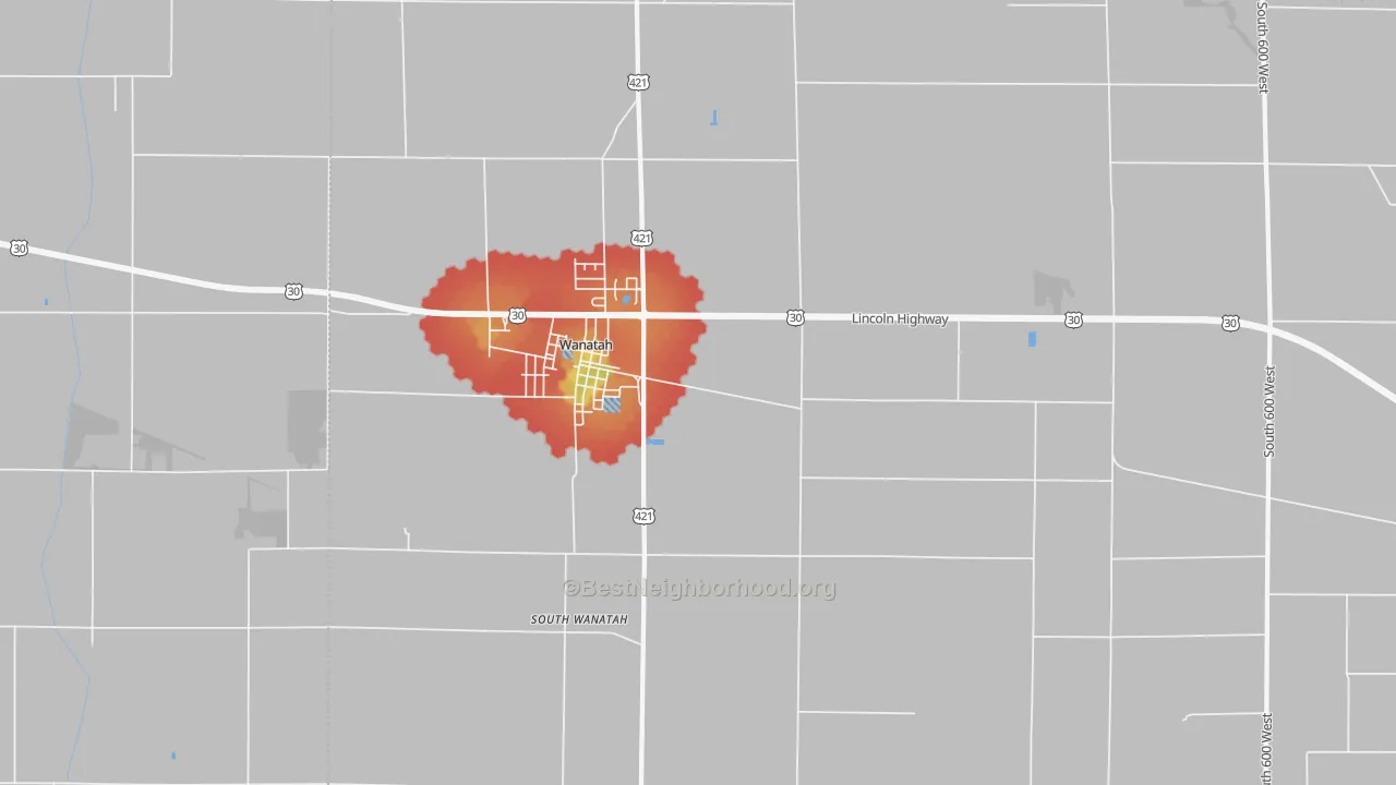 Walk Grade map of 46390, IN, walkable areas in green and car-dependent areas in red