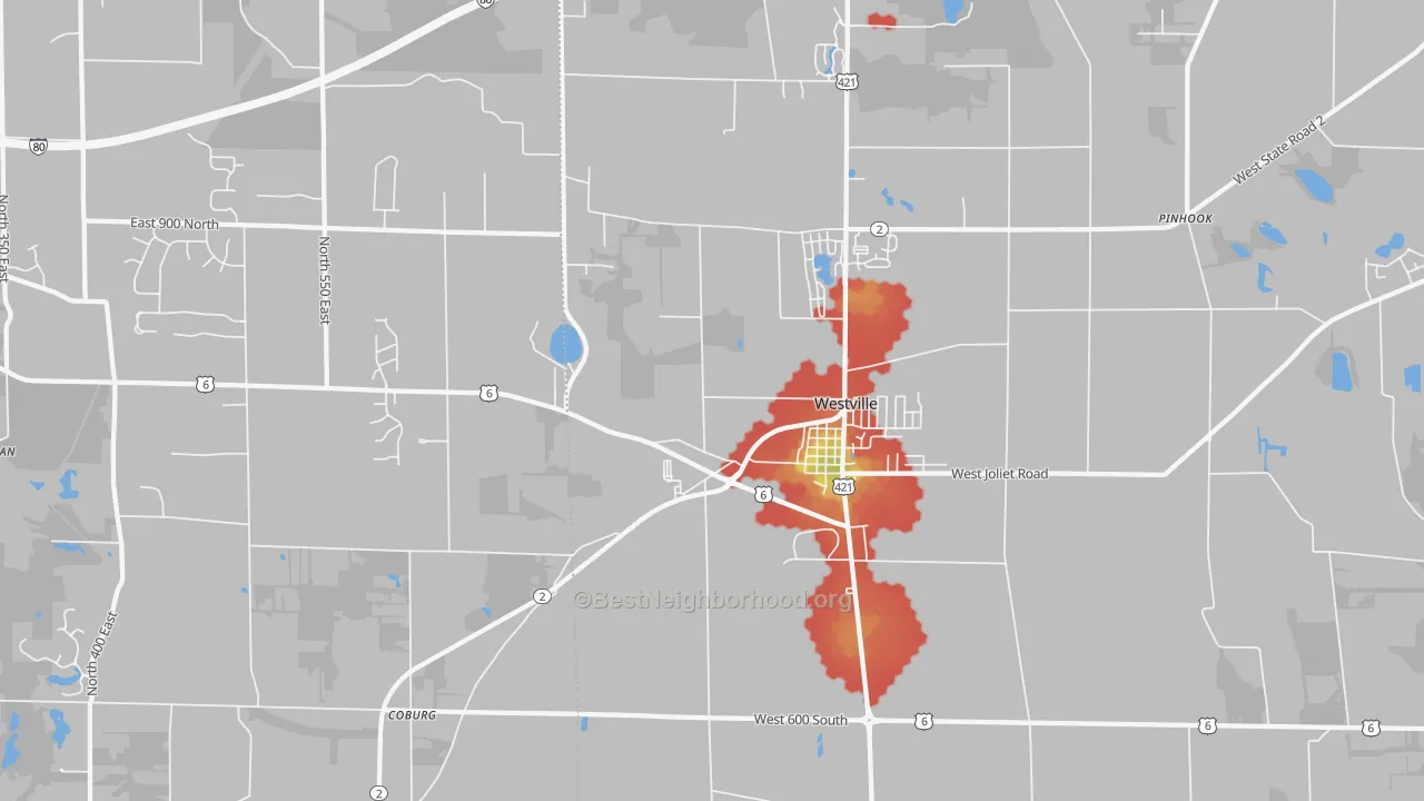 Walk Grade map of 46391, IN, walkable areas in green and car-dependent areas in red