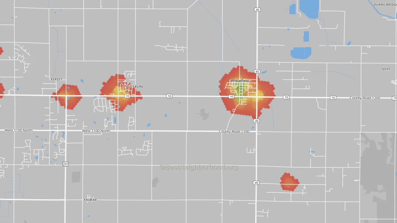 Walk Grade map of 46392, IN, walkable areas in green and car-dependent areas in red