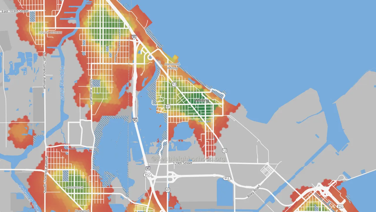 Walk Grade map of 46394, IN, walkable areas in green and car-dependent areas in red