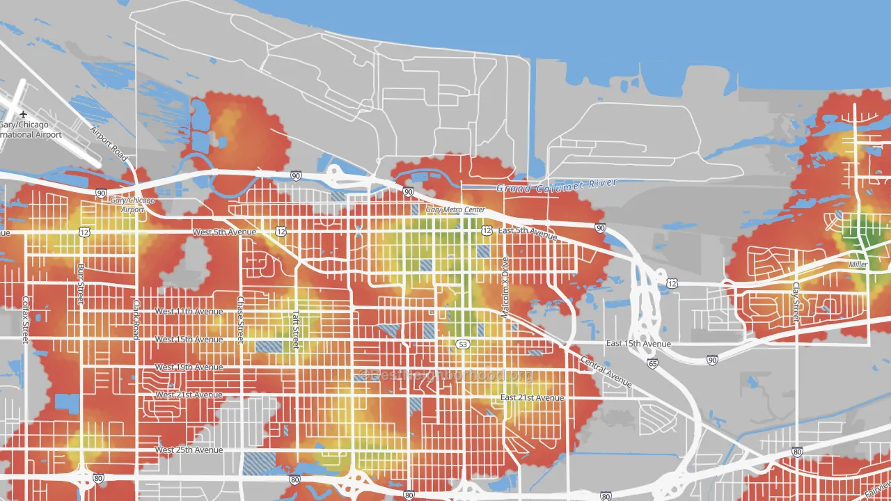 Walk Grade map of 46402, IN, walkable areas in green and car-dependent areas in red