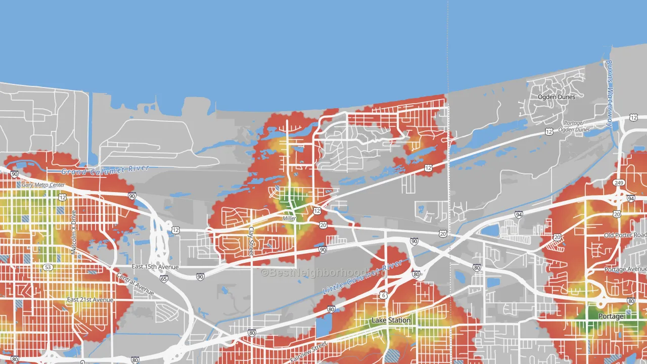 Walk Grade map of 46403, IN, walkable areas in green and car-dependent areas in red