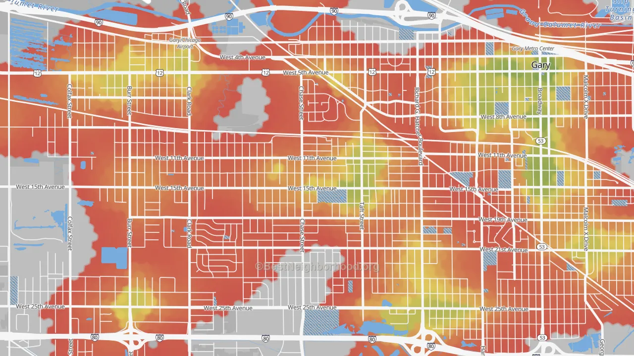 Walk Grade map of 46404, IN, walkable areas in green and car-dependent areas in red