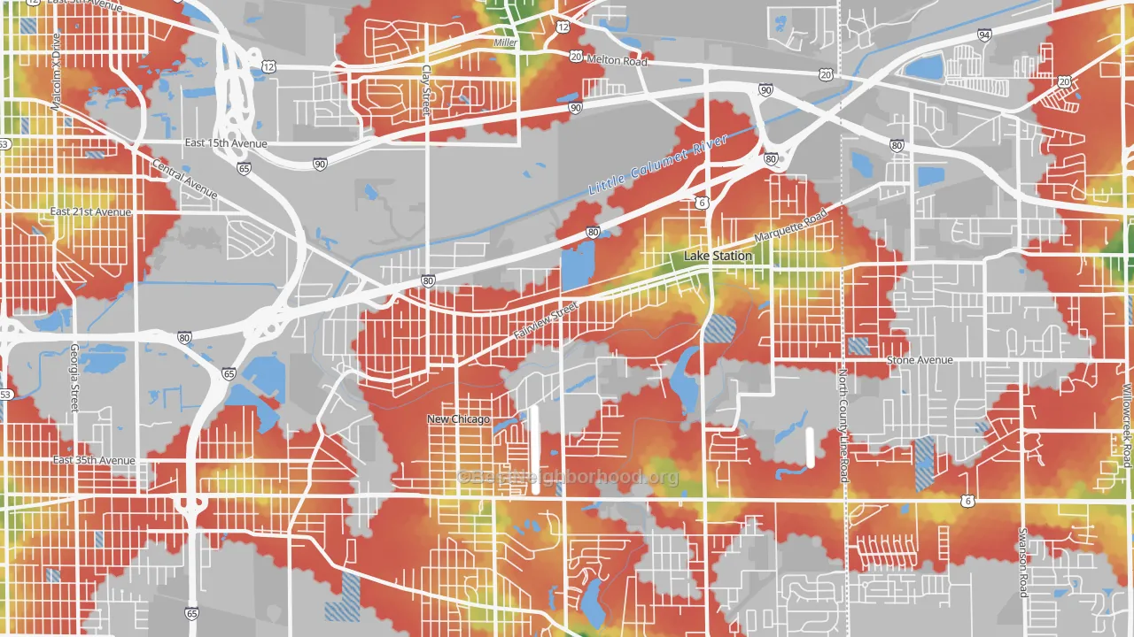 Walk Grade map of 46405, IN, walkable areas in green and car-dependent areas in red