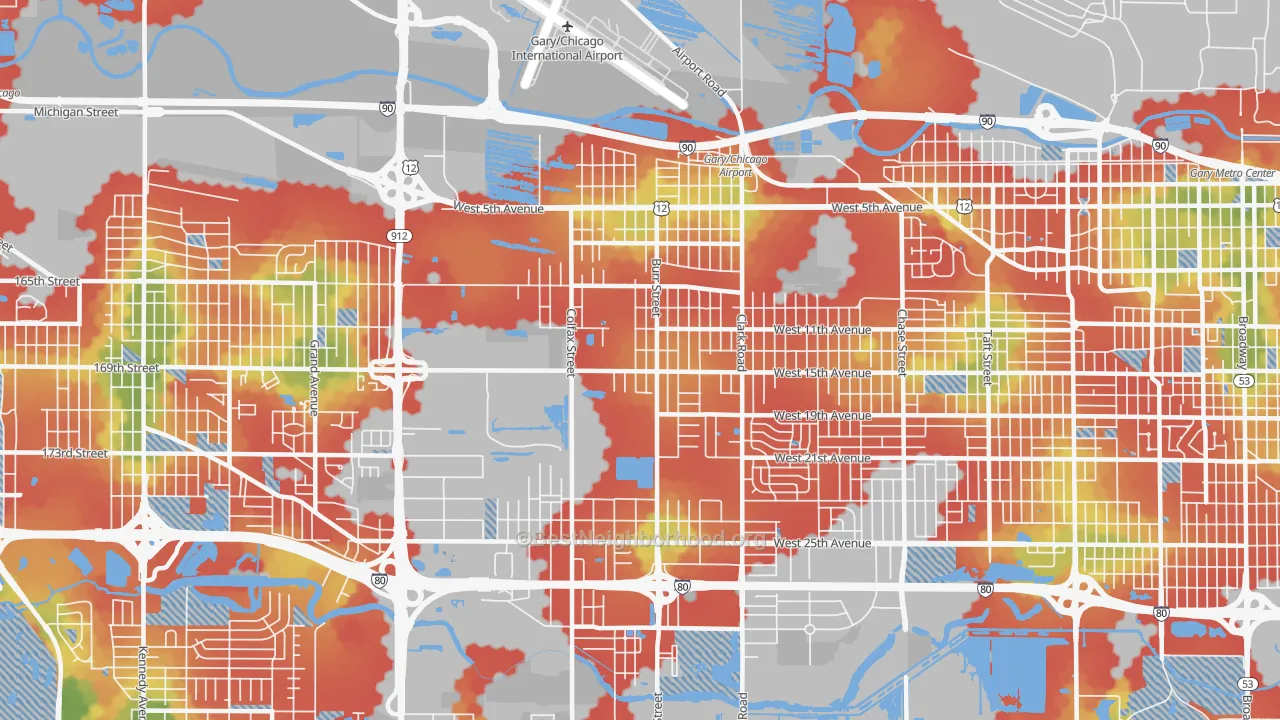 Walk Grade map of 46406, IN, walkable areas in green and car-dependent areas in red
