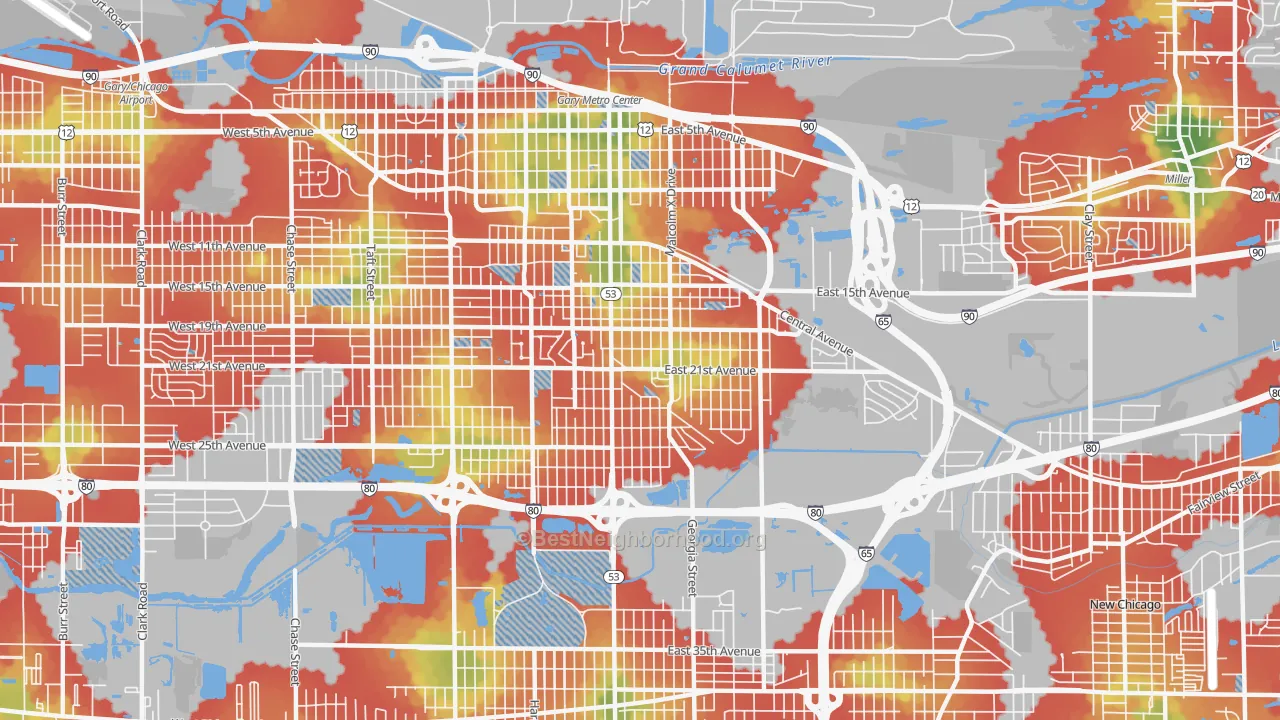 Walk Grade map of 46407, IN, walkable areas in green and car-dependent areas in red