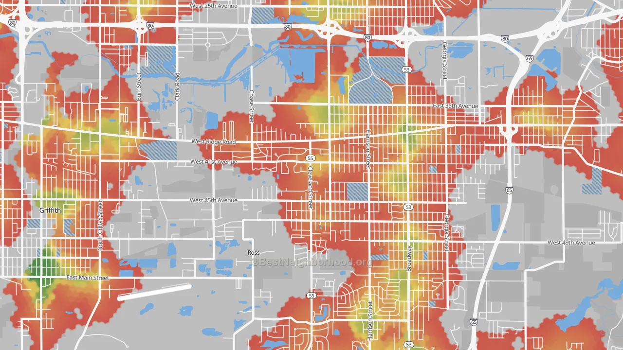 Walk Grade map of 46408, IN, walkable areas in green and car-dependent areas in red
