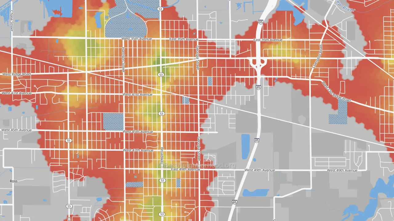 Walk Grade map of 46409, IN, walkable areas in green and car-dependent areas in red