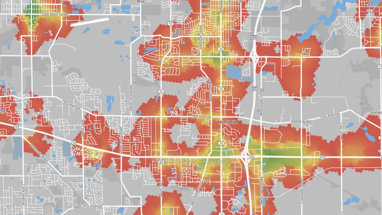 Walk Grade map of 46410, IN, walkable areas in green and car-dependent areas in red
