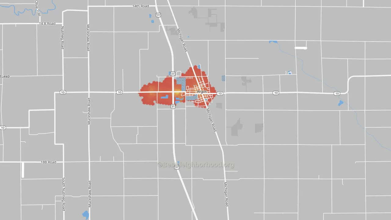 Walk Grade map of 46501, IN, walkable areas in green and car-dependent areas in red