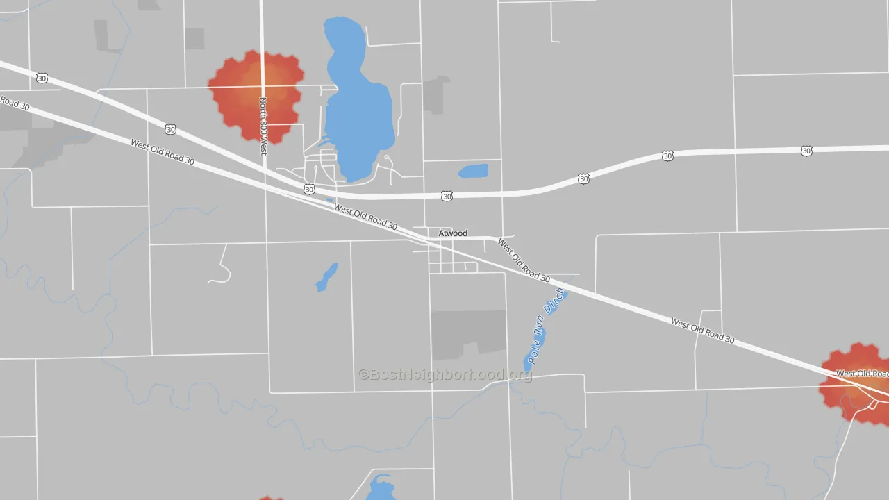 Walk Grade map of 46502, IN, walkable areas in green and car-dependent areas in red