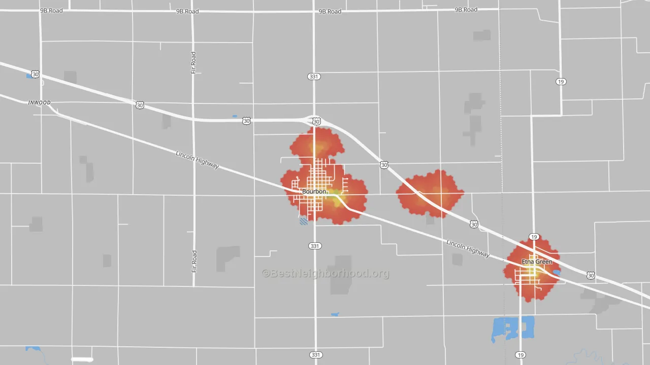 Walk Grade map of 46504, IN, walkable areas in green and car-dependent areas in red