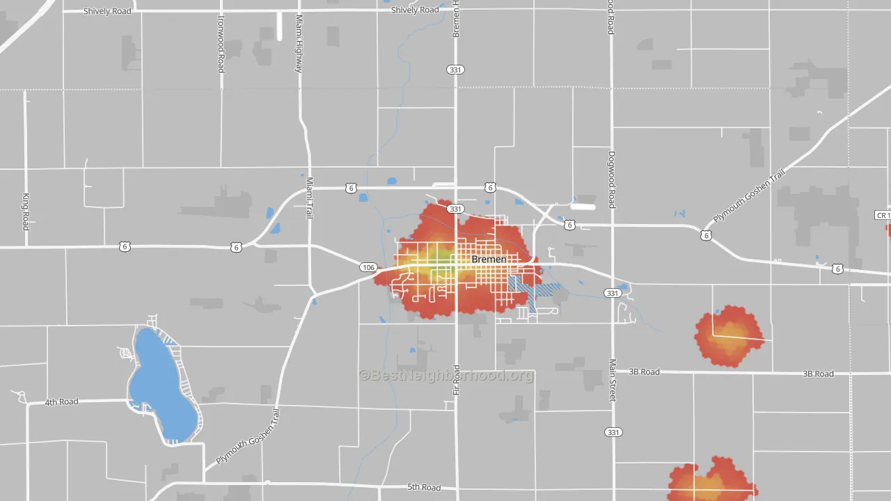 Walk Grade map of 46506, IN, walkable areas in green and car-dependent areas in red