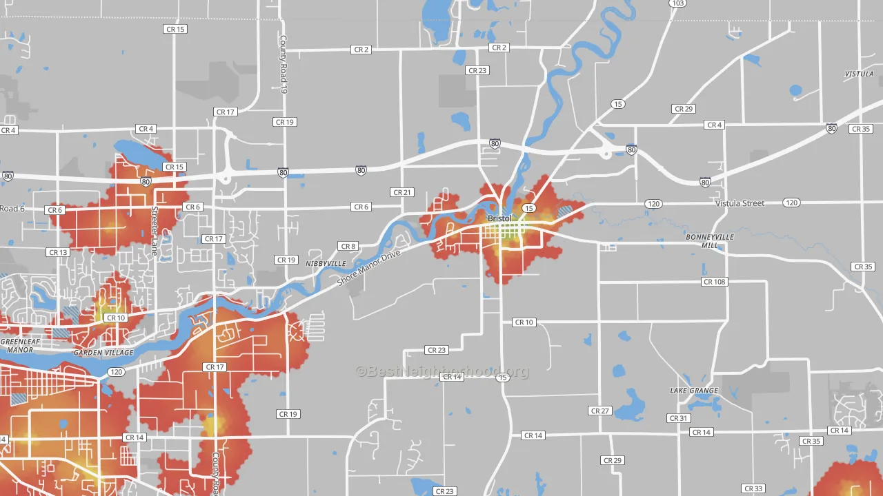 Walk Grade map of 46507, IN, walkable areas in green and car-dependent areas in red