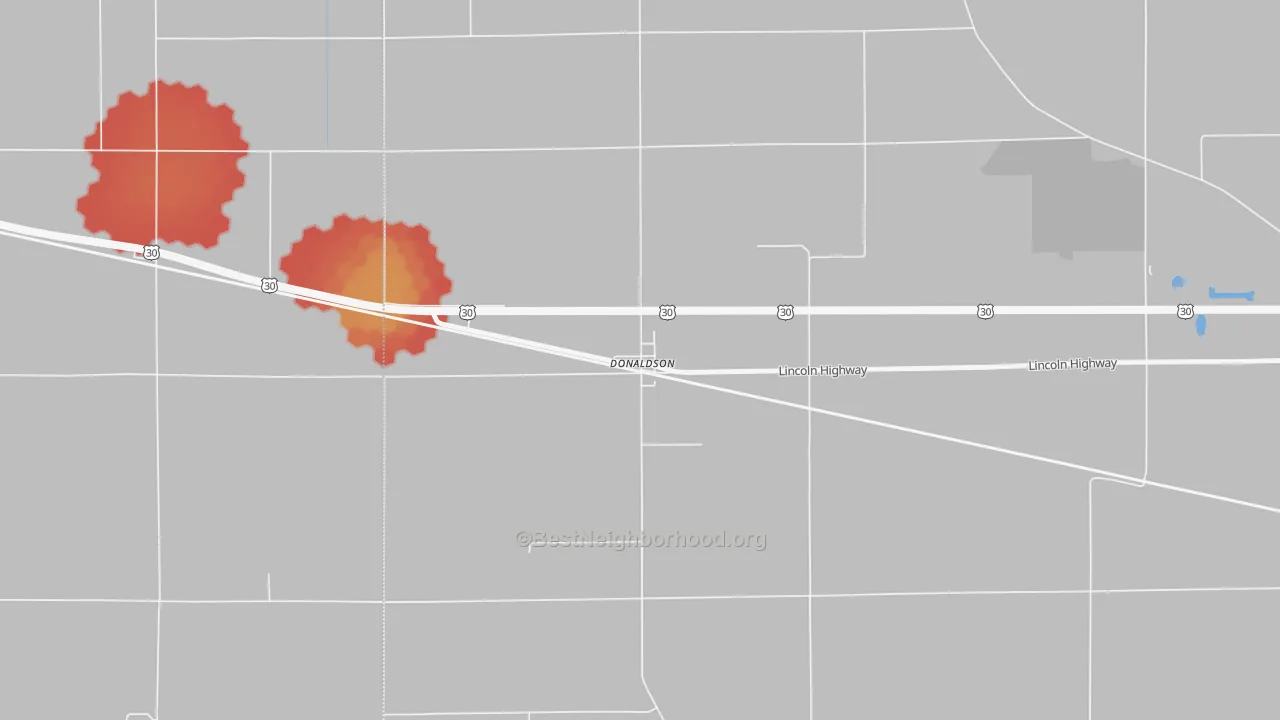 Walk Grade map of 46513, IN, walkable areas in green and car-dependent areas in red