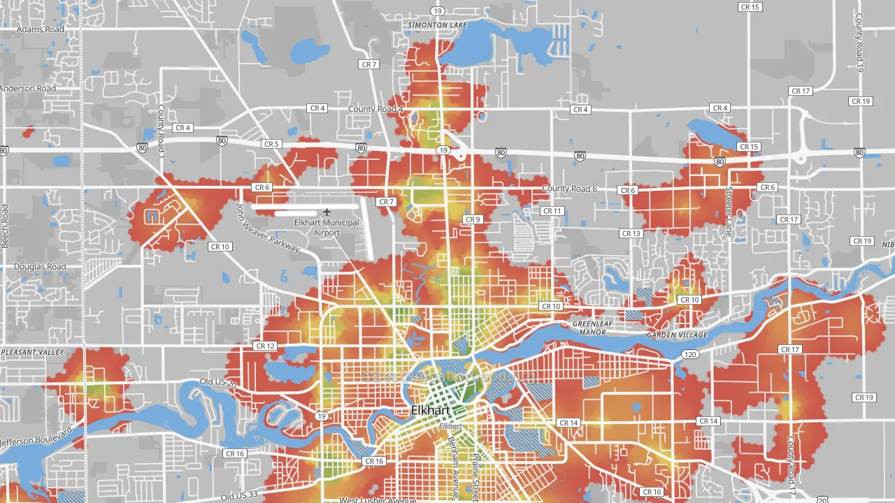 Walk Grade map of 46514, IN, walkable areas in green and car-dependent areas in red