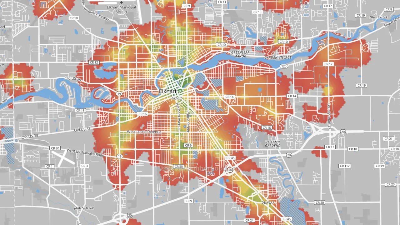 Walk Grade map of 46516, IN, walkable areas in green and car-dependent areas in red