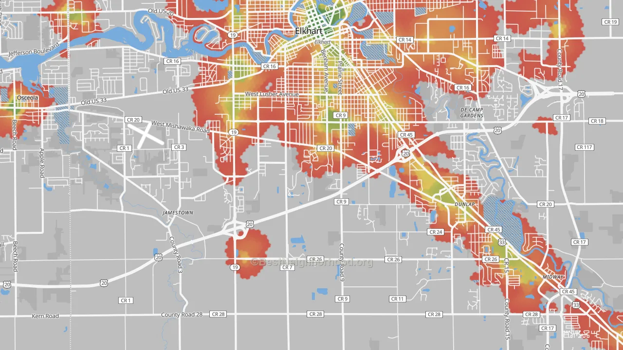Walk Grade map of 46517, IN, walkable areas in green and car-dependent areas in red