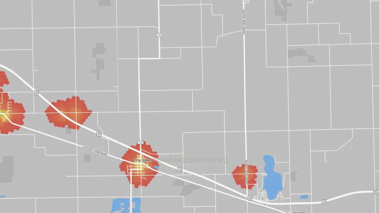Walk Grade map of 46524, IN, walkable areas in green and car-dependent areas in red