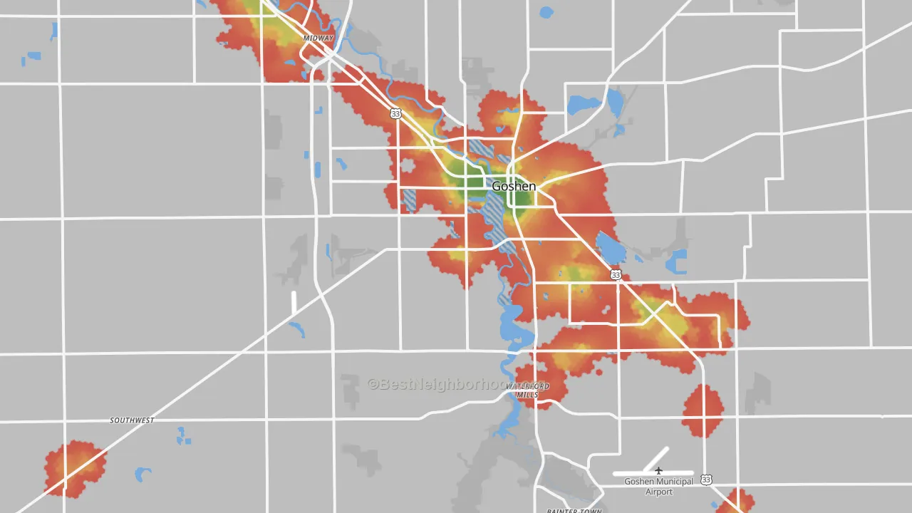 Walk Grade map of 46526, IN, walkable areas in green and car-dependent areas in red