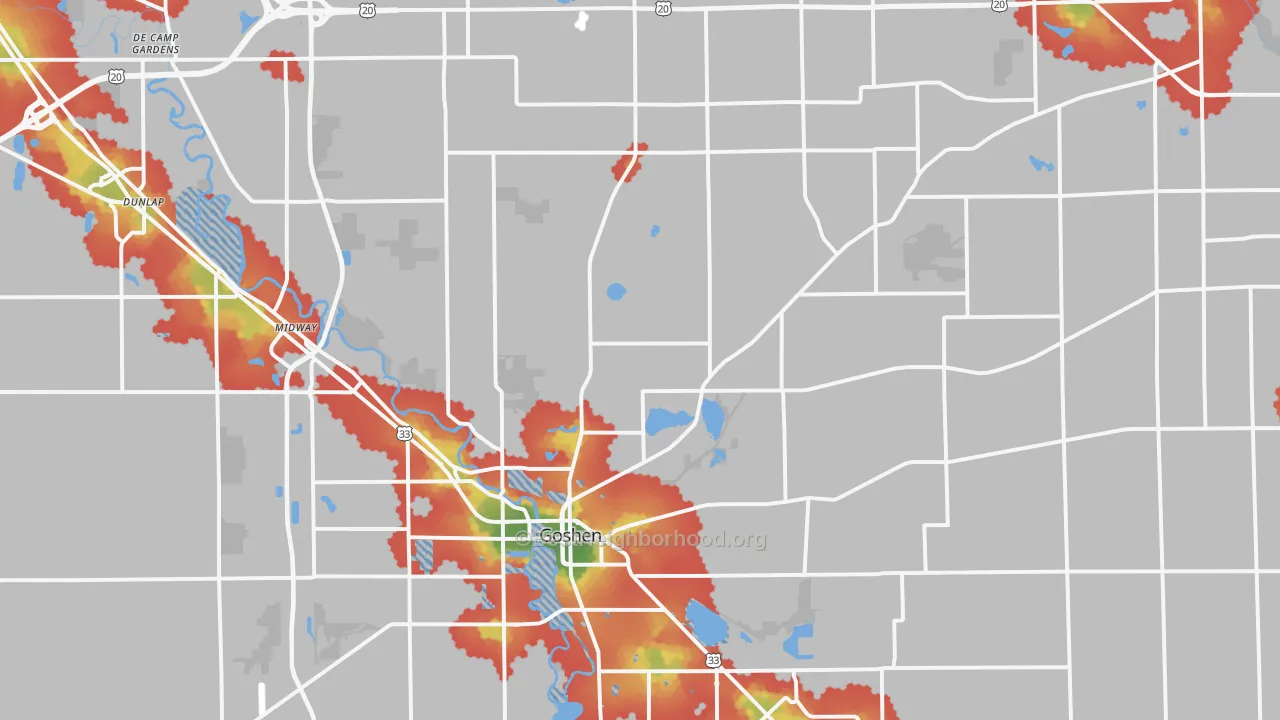 Walk Grade map of 46528, IN, walkable areas in green and car-dependent areas in red