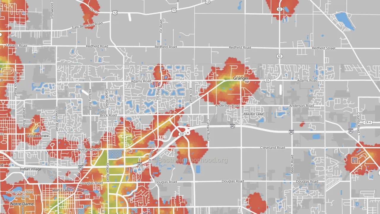 Walk Grade map of 46530, IN, walkable areas in green and car-dependent areas in red