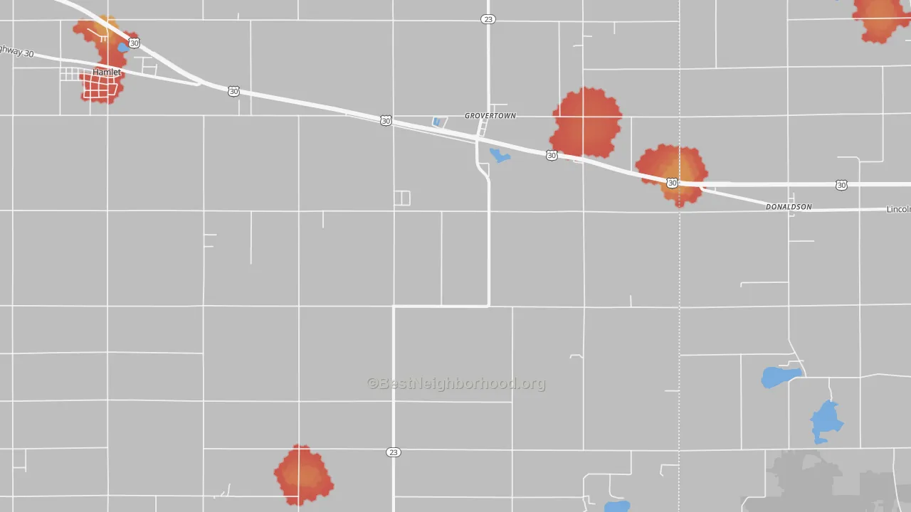 Walk Grade map of 46531, IN, walkable areas in green and car-dependent areas in red
