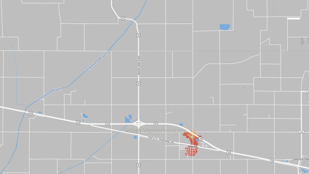 Walk Grade map of 46532, IN, walkable areas in green and car-dependent areas in red