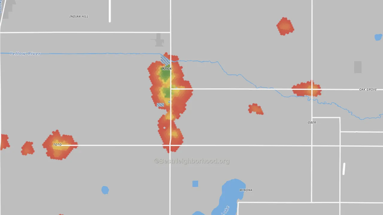 Walk Grade map of 46534, IN, walkable areas in green and car-dependent areas in red