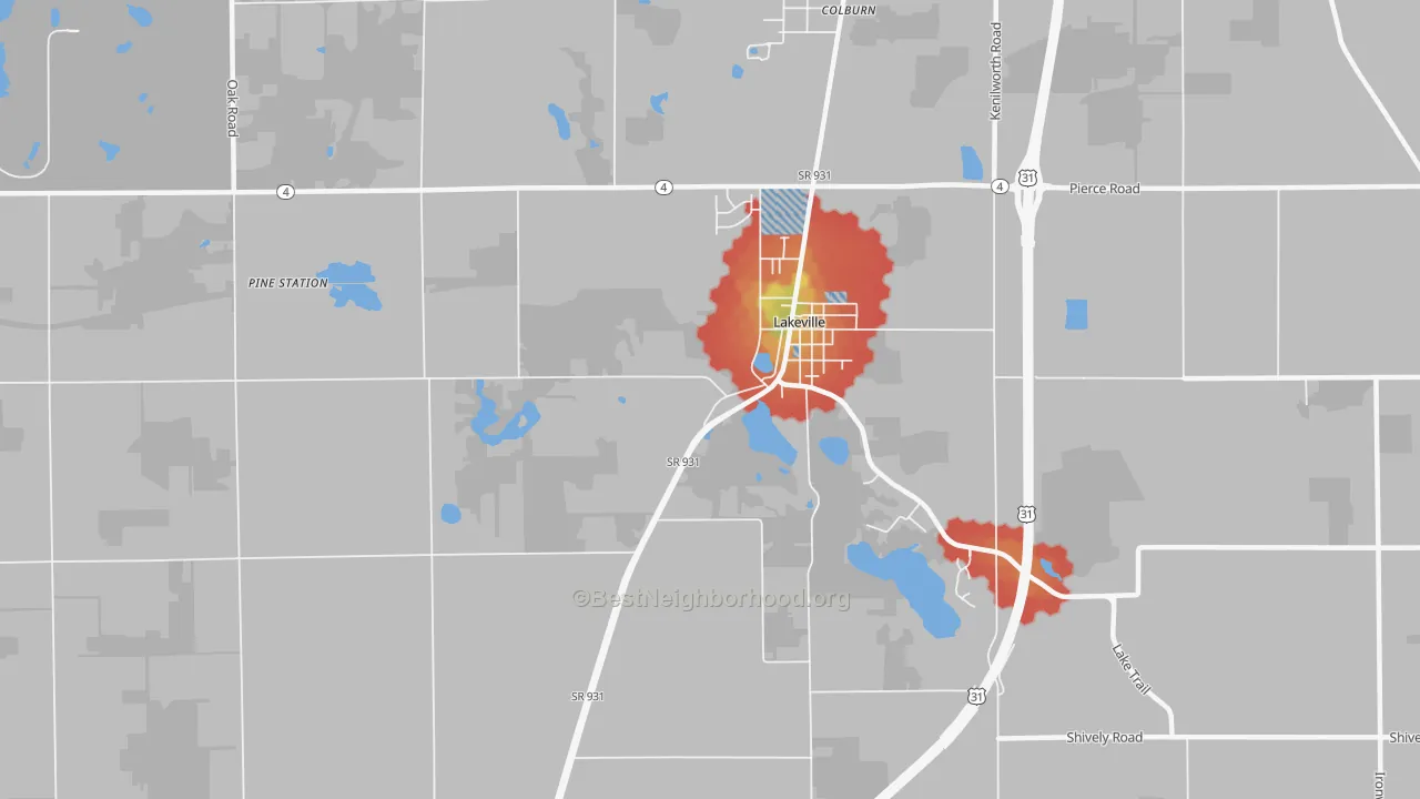 Walk Grade map of 46536, IN, walkable areas in green and car-dependent areas in red