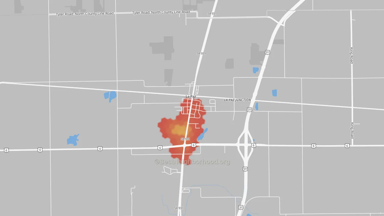 Walk Grade map of 46537, IN, walkable areas in green and car-dependent areas in red