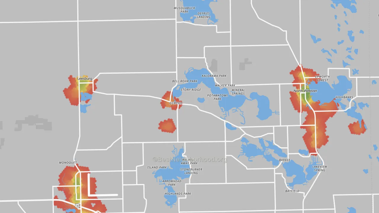 Walk Grade map of 46538, IN, walkable areas in green and car-dependent areas in red